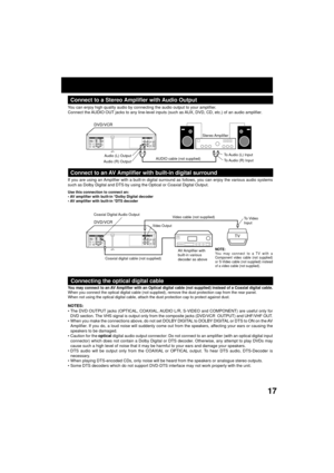 Page 1717
Connect to an AV Amplifier with built-in digital surround
If you are using an Amplifier with a built-in digital surround as follows, you can enjoy the various audio systems
such as Dolby Digital and DTS by using the Optical or Coaxial Digital Output.
Use this connection to connect an:
¥ AV amplifier with built-in *Dolby Digital decoder
¥ AV amplifier with built-in *DTS decoder
Connect to a Stereo Amplifier with Audio Output
You can enjoy high quality audio by connecting the audio output to your...