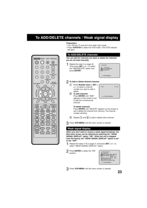 Page 2323
2
To ADD/DELETE channels / Weak signal display
To ADD/DELETE channels
You can add the channels you want or delete the channels
you do not want manually.
Repeat the step 1 on page 22.
Then press SET + or Ð to select
the ÒADD/DELETEÓ option and
press ENTER.
Press Number keys or SET +
or Ð to select a channel
number you want to add or
delete.
1
To Add or Delete desired channels
1
To add channels
Press ENTER until ÒADDÓ
appears on the screen to set
to add the unmemorized
channel.
To delete channels
Press...