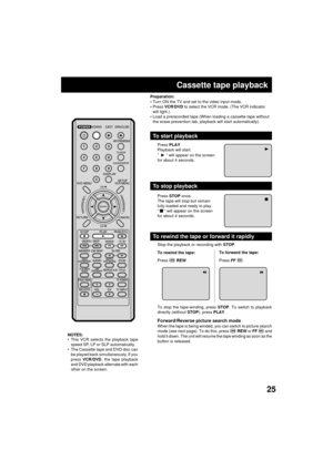 Page 2525
Cassette tape playback
Press PLAY.
Playback will start.
Ò 
 Ó will appear on the screen
for about 4 seconds.
To rewind the tape or forward it rapidly
Press STOP once.
The tape will stop but remain
fully loaded and ready to play.
Ò 
 Ó will appear on the screen
for about 4 seconds.
Stop the playback or recording with STOP.
To rewind the tape:
Press 
 REW.To forward the tape:
Press FF .
To stop the tape-winding, press STOP. To switch to playback
directly (without STOP), press PLAY.
Forward/Reverse...