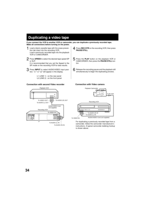 Page 3434
To AUDIO (L) IN
To AUDIO (L) OUT
AUDIO/VIDEO Cord
(not supplied)
Playback VCR
To VIDEO OUTTo AUDIO (R) OUT
Recording VCR
To VIDEO IN
To AUDIO (R) IN
If you connect the VCR to another VCR or camcorder, you can duplicate a previously recorded tape.
Make all connections before turning on the power.
Duplicating a video tape
Load a blank cassette tape with the erase preven-
tion tab intact into the recording VCR.
Load a previously recorded tape into the playback
VCR or CAMCORDER.1
Press SPEED to select the...