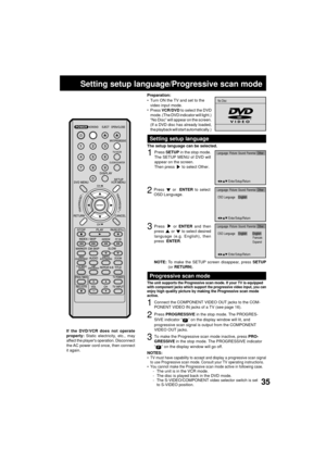 Page 3535
OSD Language English English
Francais
Espanol
/Enter/Setup/Return
Language Picture Parental OtherSound
OSD Language English
/Enter/Setup/Return
Language Picture Parental OtherSound
3
Setting setup language/Progressive scan mode
Press  or ENTER and then
press  or  to select desired
language (e.g. English), then
press  ENTER.
1Press SETUP in the stop mode.
The SETUP MENU of DVD will
appear on the screen.
Then press 
 to select Other.
NOTE:To make the SETUP screen disappear, press SETUP
(or RETURN).
If...