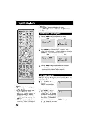 Page 4040
Repeat Play Mode Off
All:
:
/Enter/Play Mode
Chapter:Repeat/Enter/Play Mode
NOTES:
Some discs may not work with the
repeat operation.
In A-B repeat mode, subtitles near
point A or B may not appear.
During the A-B Repeat Playback the
ANGLE feature will not operate.
You may not be able to set A-B
Repeat, depending on the scenes of
the DVD.
A-B repeat does not work with an
interactive DVD and MP3/JPEG-CD.
Repeat playback
Press PLAY to start Repeat playback.
To resume normal playback, select Repeat Off....