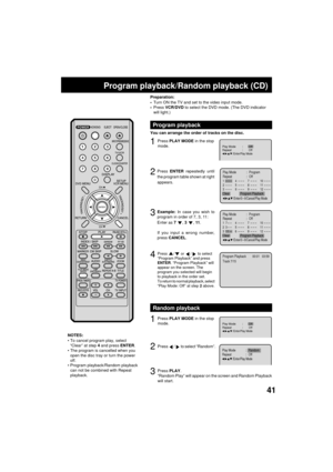 Page 4141
RepeatPlay Mode:Random:Off/Enter/Play Mode
Program playback/Random playback (CD)
1Press PLAY MODE in the stop
mode.
2Press ENTER repeatedly until
the program table shown at right
appears.
3Example: In case you wish to
program in order of 7, 3, 11:
Enter as 7 
, 3 , 11.
If you input a wrong number,
press CANCEL.
4Press / or / to select
ÒProgram PlaybackÓ and press
ENTER. ÒProgram PlaybackÓ will
appear on the screen. The
program you selected will begin
to playback in the order set.
To return to normal...