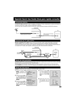 Page 5959
OUT
(TV)IN
(ANT)
VHF/UHF IN
Spanish Quick Use Guide (Gu’a para rapida consulta)
Conexiones de TV cable (CATV)
El DVD/VCR debe conectarse ÒentreÓ la antena y el televisor. Primero, desconecte la antena del televisor y
conŽctela al DVD/VCR. Luego, conecte el DVD/VCR al televisor.
Una vez que haya conectado la antena al DVD/VCR, usted tendr‡ que conectar el DVD/VCR al televisor.
Conexiones basicos
VHF/UHF
IN (ANT)
A
B
OUT
(TV)IN
(ANT)
DVD/VCR
TV
Interruptor
A/B Divisor
Convertidor/
Decodificador Cable...