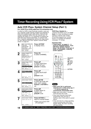 Page 1818For assistance, please call : 1-800-211-PANA(7262) or send e-mail to : consumerproducts@panasonic.com
Timer Recording Using VCR Plus+   System
1
Auto VCR Plus+ System Channel Setup (Part 1)
Press ACTION*
to display menu.
Press 
 
to select CHANNEL.
Press 
to select VCR Plus+
CH SET UP and
press 
 to display.
Make sure to leave VCR
off (overnight). In order for VCR to read PlusCode numbers, some set
up is required. Guide channel numbers are assigned to
each local broadcast and cable station. Because...