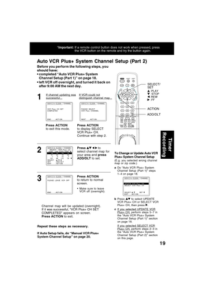 Page 1919
Auto VCR Plus+ System Channel Setup (Part 2)
Press    to
select channel map for
your area and press
ADD/DLT to set.
Before you perform the following steps, you
should have:
completed “Auto VCR Plus+ System
Channel Setup (Part 1)” on page 18.
left VCR off overnight, and turned it back on
after 9:00 AM the next day.
If channel updating wassuccessful...If VCR could notdistinguish channel map...
Press ACTION
to exit this mode.Press ACTION
to display SELECT
VCR Plus+ CH.
Continue with step 2.ACTION...