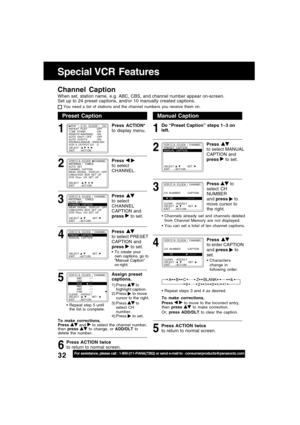 Page 3232For assistance, please call : 1-800-211-PANA(7262) or send e-mail to : consumerproducts@panasonic.com
5 43 2 1
Press to enter CAPTION
and press 
 to
set.
Channels already set and channels deleted
from Channel Memory are not displayed.
You can set a total of ten channel captions.
Do “Preset Caption” steps 1~3 on
left.
Characters
change in
following order.
Repeat steps 3 and 4 as desired.
To make corrections,
Press 
  to move to the incorrect entry,
then press  to make correction.
Or, press ADD/DLT...