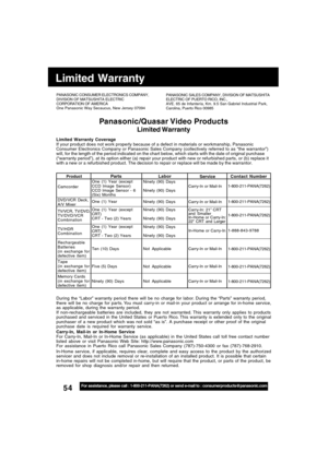 Page 5454For assistance, please call : 1-800-211-PANA(7262) or send e-mail to : consumerproducts@panasonic.com
Limited Warranty
PANASONIC CONSUMER ELECTRONICS COMPANY,
DIVISION OF MATSUSHITA ELECTRIC
CORPORATION OF AMERICA
One Panasonic Way Secaucus, New Jersey 07094PANASONIC SALES COMPANY, DIVISION OF MATSUSHITA
ELECTRIC OF PUERTO RICO, INC.,
AVE. 65 de Infantería, Km. 9.5 San Gabriel Industrial Park,
Carolina, Puerto Rico 00985
Panasonic/Quasar Video  Products
Limited Warranty
Limited Warranty Coverage
If...