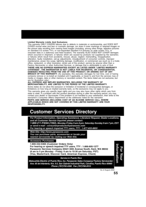 Page 5555
For Your
Information
Limited Warranty Limits And Exclusions
This warranty ONLY COVERS failures due to defects in materials or workmanship, and DOES NOT
COVER normal wear and tear or cosmetic damage, nor does it cover markings or retained images on
the picture tube resulting from viewing fixed images (including, among other things, letterbox pictures
on standard 4:3 screen TV’s, or non-expanded standard 4:3 pictures on wide screen TV’s, or
onscreen data in a stationar y and fixed location). The...