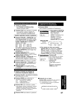 Page 5757
Guía para rápida
consulta
Operaciones básicas para la reproducción
1
2
3Inserte un cassette,La alimentación del DECK se activa.
En la Pantalla de Visualización Multi
Función se ilumina “VCR”.
Detalles especiales durante la grabación
Presione STOP para detener el cassette.
Presione REW/SLOW- o FF/SLOW+ en el
modo de parada para rebobinado/avance
rápido del cassette.
Presione EJECT en el control remoto,
o STOP/EJECT en el DECK para expulsar
el cassette.
Operaciones básicas para la grabación
1Inserte el...