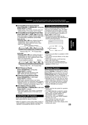 Page 2323
Please read the disc jacket for operation
information.
If a single sided disc is placed in upside
down, “THIS TYPE OF DISC CANNOT
BE PLAYED. PLEASE INSERT A
DIFFERENT DISC” is displayed.
Remove disc and press DECK POWER
off when not in use.
Disc continues to rotate with menu
displayed even after play is done.
Press STOP to clear menu display when
finished with menu.
Forward/Reverse Scene Search
Press FF/SLOW+ or REW/SLOW-  during play.
Press PLAY to release.Search speed, slow at first, increases...