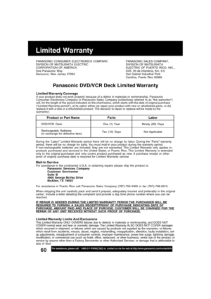 Page 6060For assistance, please call : 1-800-211-PANA(7262) or, contact us via the web at:http://www.panasonic.com/contactinfo
Limited Warranty
PANASONIC CONSUMER ELECTRONICS COMPANY,
DIVISION OF MATSUSHITA ELECTRIC
CORPORATION OF AMERICA
One Panasonic Way
Secaucus, New Jersey 07094PANASONIC SALES COMPANY,
DIVISION OF MATSUSHITA
ELECTRIC OF PUERTO RICO, INC.,
AVE. 65 de Infantería, Km. 9.5
San Gabriel Industrial Park
Carolina, Puerto Rico 00985
Panasonic DVD/VCR Deck Limited Warranty
Limited Warranty CoverageIf...