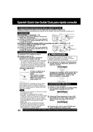 Page 6464For assistance, please call : 1-800-211-PANA(7262) or, contact us via the web at:http://www.panasonic.com/contactinfo
DVD/VCR
VHF/UHFEstuche convertidor 
de TV por cable TelevisorTerminal 
IN FROM ANT.
Entrada (IN) desde
ANT./CABLE
Terminal 
OUT TO TV
Terminal IN FROM ANT.
TelevisorDVD/VCR
VHF/UHFTerminal 
OUT TO TVEntrada (IN) desde
ANT./CABLE
Spanish Quick Use Guide/ Guía para rápida consulta
Para ajustar el  idioma, canal y
Para ajustar el  idioma, canal yCONEXIONES/CONFIGURACION INICIAL (READY TO...