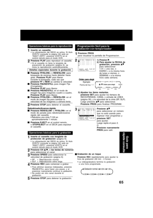 Page 6565
Operaciones básicas para la reproducción
1
2
3Inserte un cassette,La alimentación del DECK se activa. Si Auto
VCR/TV (consulte la página 32) está en
“INACT (OFF)”, presione VCR/TV en el
control remoto para el modo VCR.
Detalles especiales durante la grabación
Presione STOP para detener el cassette.
Rebobinado/Avance rápidoPresione REW/SLOW- o FF/SLOW+ en el
modo de parada para rebobinado/avance
rápido del cassette.
Rebobina una cinta T-120 en
aproximadamente 1 minuto.
Presione EJECT en el control...