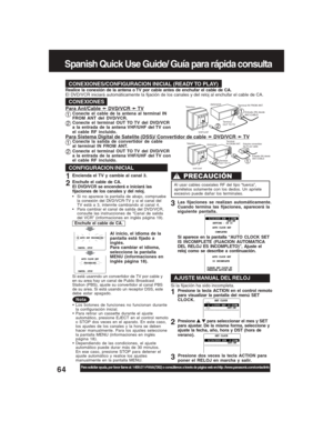 Page 6464For assistance, please call : 1-800-211-PANA(7262) or, contact us via the web at:http://www.panasonic.com/contactinfo
DVD/VCR
VHF/UHFEstuche convertidor 
de TV por cable TelevisorTerminal 
IN FROM ANT.
Entrada (IN) desde
ANT./CABLE
Terminal 
OUT TO TV
Terminal IN FROM ANT.
TelevisorDVD/VCR
VHF/UHFTerminal 
OUT TO TVEntrada (IN) desde
ANT./CABLE
Spanish Quick Use Guide/ Guía para rápida consulta
Para ajustar el  idioma, canal y Para ajustar el  idioma, canal yCONEXIONES/CONFIGURACION INICIAL (READY TO...