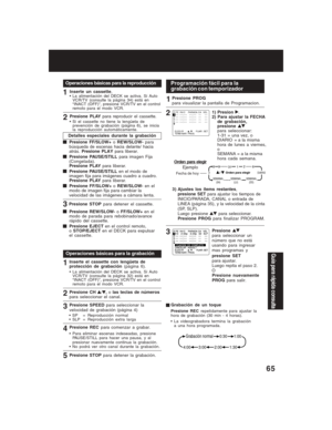 Page 6565
Operaciones básicas para la reproducción
1
2
3Inserte un cassette,• La alimentación del DECK se activa. Si Auto
VCR/TV (consulte la página 34) está en
“INACT (OFF)”, presione VCR/TV en el control
remoto para el modo VCR.
Detalles especiales durante la grabación
Presione STOP para detener el cassette.
Presione REW/SLOW- o FF/SLOW+ en el
modo de parada para rebobinado/avance
rápido del cassette.
Presione EJECT en el control remoto,
oSTOP/EJECT en el DECK para expulsar
el cassette.
Operaciones básicas...