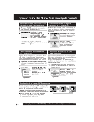 Page 6868For assistance, please call : 1-800-211-PANA(7262) or, contact us via the web at:http://www.panasonic.com/contactinfo
PresioneTITLE durante la reproducción.
Ahora se visualiza una lista de los títulos del
disco.
Utilización de un menú de títulos
[DVD solamente]
T I TLE  MENU
Cas t l es
Love
rsDogs
Birds
Dogs
of  the  world
Ampliación de la imagen [DVD solamente]
Durante la reproducción de un DVD, puede ampliar
partes específicas de una imagen y seleccionar la
relación de zoom usando el botón ZOOM....