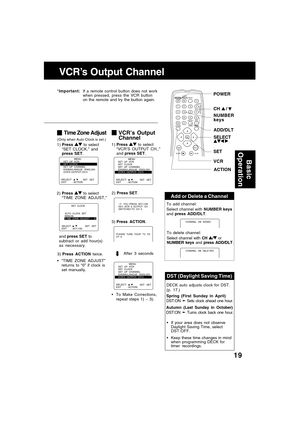 Page 1919
SET
SELECT 
ADD/DLT
Add or Delete a Channel
To add channel:
Select channel with NUMBER keys
and press ADD/DLT.
To delete channel:
Select channel with CH 
/ or
NUMBER keys and press ADD/DLT.
CHANNEL  08  ADDED
CHANNEL  08  DELE TED
Time Zone Adjust
2)Press  to select
“TIME ZONE ADJUST,”
VCR’s Output
Channel
1)Press  to select
“VCR’S OUTPUT CH.,”
and press SET.
SELECT :                 EXIT         : ACTION SET : SET
               MENU
SET  UP  VCR
SET  CLOCK
SET  UP  CHANNEL
IDIOMA/LANGUE : ENGLISH...