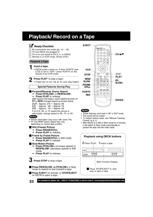 Page 2020For assistance, please call : 1-800-211-PANA(7262) or send e-mail to : consumerproducts@panasonic.com
Playback/ Record on a Tape
Insert a tape.21
Playback using DECK buttons
Press PLAY.
Multi Function Display
Press STOP/EJECT to stop
and/ or eject a tape.
Ready Checklist
All connections are made (pp. 12 ~ 15).TV and DECK are plugged in.TV is on and tuned to CH 3, 4, or VIDEO.Remote is in VCR mode. (Press VCR.)
Insert a tape.
If tape has no rec. tab (p. 6), auto play begins.
Special Features During...