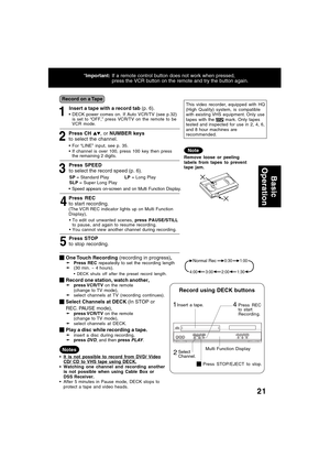 Page 2121
Insert a tape with a record tab (p. 6).
1
54 2
3
Press CH , or NUMBER keys
to select the channel.
For “LINE” input, see p. 35.
If channel is over 100, press 100 key then press
the remaining 2 digits.
Press SPEED
to select the record speed (p. 6).
SP = Standard Play            LP = Long Play
SLP = Super Long Play
Press REC
to start recording.
(The VCR REC indicator lights up on Multi Function
Display),
To edit out unwanted scenes, press PAUSE/STILL
to pause, and again to resume recording.
You...