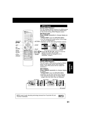 Page 5151
You can enlarge specific portions of a JPEG picture
and select the zoom ratio using the ZOOM button
on the remote during JPEG Playback screen.
Set Zoom size.Press ZOOM repeatedly to change display as
follows.
➡
Press STOP to return the MP3/JPEG MENU.
You can enlarge the center portion of the image
to one of 2 magnifications.
Operation can be done during Rotation (below).
X 1.0 (ORIGINAL)
1st press2nd press 
3rd press
X 1.5 (ZOOM 1) X 2.0 (ZOOM 2)
Use the , ,  and   buttons to move the
position up,...