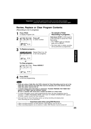 Page 2525
To Replace program...
To Clear program...
Review, Replace or Clear Program Contents:
(Recording is not in progress)
or
Press ADD/DLT. *Important:If a remote control button does not work when pressed,
press the VCR button on the remote and try the button again.
1
2
3
Press to select number.
To cancel a Timer
Recording in progress...
Repeat Step 2 (p. 24)
to set new programs.
Press PROG
to end the programming.Hold down STOP in VCR mode for
a few seconds to cancel the Timer
Recording.
 ( The TIMER...
