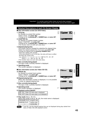 Page 4545
*Important: if a remote control button does not work when pressed,
press the DVD button on the remote and try the button again.
Detailed Descriptions of each On-Screen Display
  
Disc information screen (for DVD-Video)
1. TITLE No.
Go directly to a preset title number.
Select “TITLE”, and press SET.
Change the No. by pressing  or NUMBER keys, and press SET.
2. CHAPTER No.
Go directly to a preset chapter number.
Select “CHAPTER”, and press SET.
Change the No. by pressing  or NUMBER keys, and...