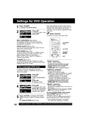 Page 5252For assistance, please call : 1-800-211-PANA(7262) or, contact us via the web at:http://www.panasonic.com/contactinfo
“AUDIO” selections(Factory preset: English)
To select the audio soundtrack language.
English/Spanish/French/Japanese
Original: Original disc language
OTHER 0000: Other language selection*
1
“SUBTITLE” selections(Factory preset: AUTO)
To select the subtitle language.
AUTO :Same language selected for “AUDIO”
If language set for “AUDIO” is used in
playback, subtitles will not appear.
If...