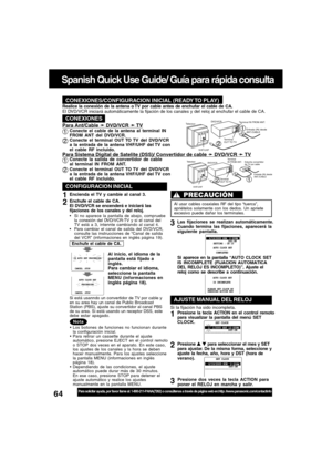 Page 6464For assistance, please call : 1-800-211-PANA(7262) or, contact us via the web at:http://www.panasonic.com/contactinfo
DVD/VCR
VHF/UHFEstuche convertidor 
de TV por cable TelevisorTerminal 
IN FROM ANT.
Entrada (IN) desde
ANT./CABLE
Terminal 
OUT TO TV
Terminal IN FROM ANT.
TelevisorDVD/VCR
VHF/UHFTerminal 
OUT TO TVEntrada (IN) desde
ANT./CABLE
Spanish Quick Use Guide/ Guía para rápida consulta
Para ajustar el  idioma, canal y
Para ajustar el  idioma, canal yCONEXIONES/CONFIGURACION INICIAL (READY TO...