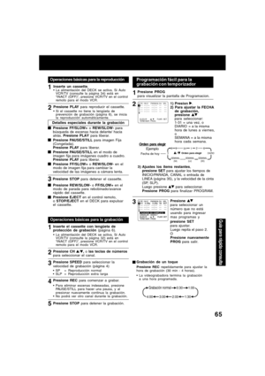 Page 6565
Operaciones básicas para la reproducción
1
2
3Inserte un cassette,La alimentación del DECK se activa. Si Auto
VCR/TV (consulte la página 34) está en
“INACT (OFF)”, presione VCR/TV en el control
remoto para el modo VCR.
Detalles especiales durante la grabación
Presione STOP para detener el cassette.
Presione REW/SLOW- o FF/SLOW+ en el
modo de parada para rebobinado/avance
rápido del cassette.
Presione EJECT en el control remoto,
o STOP/EJECT en el DECK para expulsar
el cassette.
Operaciones básicas...