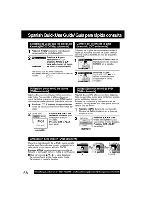 Page 6868For assistance, please call : 1-800-211-PANA(7262) or, contact us via the web at:http://www.panasonic.com/contactinfo
Presione TITLE durante la reproducción.
Ahora se visualiza una lista de los títulos del
disco.
Utilización de un menú de títulos
[DVD solamente]
T I TLE  MENU
Cas t l es
Love
 r s
Dogs
B
 i r dsDogs
of  the  world
Ampliación de la imagen [DVD solamente]
Durante la reproducción de un DVD, puede ampliar
partes específicas de una imagen y seleccionar la
relación de zoom usando el botón...