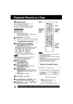 Page 2020For assistance, please call : 1-800-211-PANA(7262) or send e-mail to : consumerproducts@panasonic.com
Playback/ Record on a Tape
PAUSE/
STILL REW/SLOW-
STOPFF/SLOW+
EJECT
Insert a tape.21
Playback using DECK buttons
Press PLAY.
CH /
SPEED REC
VCR/TV
PLAY
Multi Function Display
Press STOP/EJECT to stop
and/ or eject a tape.
DVDReady Checklist
All connections are made (pp. 12 ~ 15).TV and DECK are plugged in.TV is on and tuned to CH3, 4, or VIDEO.Remote is in VCR mode. (Press VCR.)
Insert a tape.
DECK...