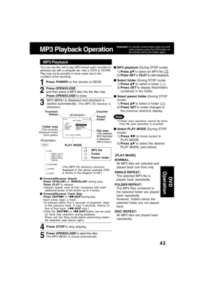 Page 4343
PLAY
   PLAY   MODE : NORMAL
00 :  00  :  00           MP3  MENU  ROOT                   . .               
  VA                       END_WALTZ
  TECHNO             DD_CUB I C
  POPS                  NOCTURNE 
  JAZZ                   NORN
 
DV D
 Operation
1Press POWER on the remote or DECK.
Press 
OPEN/CLOSE,
and then place a MP3 disc into the disc tray.
Press 
OPEN/CLOSE to close.
2
3
MP3 Playback
ROOT
VA
TECHNO
  
POPS
JAZZ
END_WALTZ
DD_CUB I C 
N
OCTURNE
NORN

4
[PLAY MODE]
NORMAL:
All MP3 files...