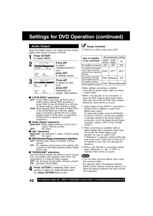 Page 4646For assistance, please call : 1-800-211-PANA(7262) or send e-mail to : consumerproducts@panasonic.com
Make settings according to amplifier
connected to optical audio output as shown
in above table.
When a dts decoder is not connected, to
enjoy dts DVD, please select audio output
other than dts at the dts DVD menu screen.
Otherwise, there will be no sound.
*1 Audio Output 2 from DECK is converted to
48 kHz/16 bit in addition to audio from
digital audio output.
To enjoy high quality sound at 48 kHz/20...