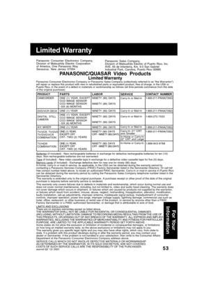 Page 5353
Limited Warranty
Panasonic Consumer Electronics Company,
Division of Matsushita Electric Corporation
of America, One Panasonic Way
Secaucus, New Jersey 07094Panasonic Sales Company,
Division of Matsushita Electric of Puerto Rico, Inc.
AVE. 65 de Infantería, Km. 9.5 San Gabriel
Industrial Park, Carolina, Puerto Rico 00985
PANASONIC/QUASAR Video  Products
Limited WarrantyPanasonic Consumer Electronics Company or Panasonic Sales Company (collectively referred to as “the Warrantor”)
will repair or replace...