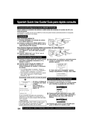 Page 5454For assistance, please call : 1-800-211-PANA(7262) or send e-mail to : consumerproducts@panasonic.com
Spanish Quick Use Guide/ Guía para rápida consulta
Para ajustar el  idioma, canal y
Para ajustar el  idioma, canal yConexiones/Configuracion Inicial (READY TO PLAY)
Favor realice la conexion de antena o cable antes de conectar el cordon de AC a la
toma de pared.
Conectando el cordon de AC de la DECK en toma de pared iniciara automaticamente la busqueda
de canales y colocacion de tiempo.
Conectando...