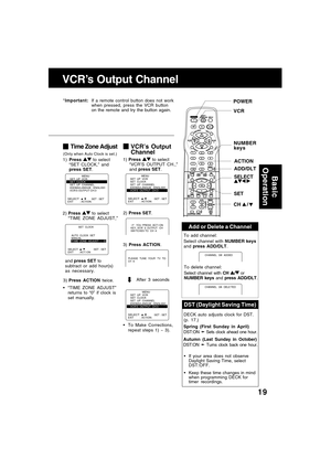 Page 1919
Add or Delete a Channel
To add channel:
Select channel with NUMBER keys
and press ADD/DLT.
To delete channel:
Select channel with CH 
/ or
NUMBER keys and press ADD/DLT.
CHANNEL  08  ADDED
CHANNEL  08  DELE TED
Time Zone Adjust
2)Press  to select
“TIME ZONE ADJUST,”
VCR’s Output
Channel
1) Press  to select
“VCR’S OUTPUT CH.,”
and press SET.
2) Press SET.
3) Press ACTION.
After 3 seconds
To Make Corrections,
repeat steps 1) ~ 3).
DST (Daylight Saving Time)
DECK auto adjusts clock for DST.
(p. 17.)...