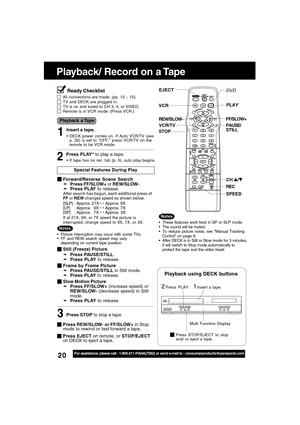 Page 2020For assistance, please call : 1-800-211-PANA(7262) or send e-mail to : consumerproducts@panasonic.com
Playback/ Record on a Tape
Ready Checklist
All connections are made. (pp. 12 ~ 15)TV and DECK are plugged in.TV is on and tuned to CH 3, 4, or VIDEO.Remote is in VCR mode. (Press VCR.)
Insert a tape.
DECK power comes on. If Auto VCR/TV (see
p. 32) is set to “OFF,” press VCR/TV on the
remote to be VCR mode.
If tape has no rec. tab (p. 6), auto play begins.
Special Features During Play
1
2
3
Press...