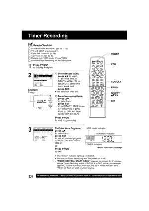 Page 2424For assistance, please call : 1-800-211-PANA(7262) or send e-mail to : consumerproducts@panasonic.com
Timer Recording
Press PROG*
to display Program.
Press PROG
to end programming.
3 1
DAILY
131
31
12
SELECT     /      
Selection Order
WEEKLY
(SAT)WEEKLY
(MON) WEEKLY
(SUN)
14
Example
Today
2) To set remaining items,
press 
to select and
press SET
to set START/ STOP times,
CH (channel) or LINE
input (p. 35), and tape
speed (SP, LP, SLP).
To Enter More Programs,
press 
to select and
press SET
to set an...