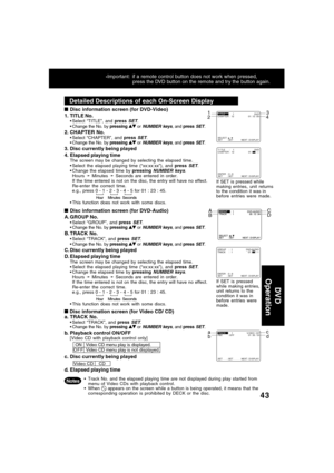 Page 4343
*Important: if a remote control button does not work when pressed,
press the DVD button on the remote and try the button again.
DV D
 Operation
Detailed Descriptions of each On-Screen Display
  
Disc information screen (for DVD-Video)
1. TITLE No.
Select “TITLE”, and press SET.
Change the No. by pressing  or NUMBER keys, and press SET.
2. CHAPTER No.Select “CHAPTER”, and press SET.
Change the No. by pressing  or NUMBER keys, and press SET.
3. Disc currently being played
4. Elapsed playing...
