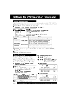 Page 5252For assistance, please call : 1-800-211-PANA(7262) or send e-mail to : consumerproducts@panasonic.com
Output Balance Setup
1
Adjust the volume level output from the speakers. To adjust, play a disc or set the “TEST SIGNAL”
(p.53) to ON. Then adjust while confir ming the volume. (Even if “OFF” or NONE is set in “SPEAKER
SIZE,” the speaker OUTPUT BALANCE can still be set.)
Do steps 1~2 of “Speaker Output Setup” on page 51.
3Press ACTION four times to exit.
2
Settings for DVD Operation (continued)
Delay...