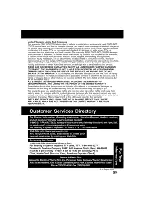 Page 5959
Limited Warranty Limits And Exclusions
This warranty ONLY COVERS failures due to defects in materials or workmanship, and DOES NOT
COVER normal wear and tear or cosmetic damage, nor does it cover markings or retained images on
the picture tube resulting from viewing fixed images (including, among other things, letterbox pictures
on standard 4:3 screen TV’s, or non-expanded standard 4:3 pictures on wide screen TV’s, or
onscreen data in a stationar y and fixed location). The warranty ALSO DOES NOT COVER...