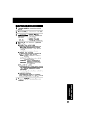 Page 6565
1
Presione  para
seleccionar “AJUSTE DE
ALTAVOCES,” y
Presione 
SET para
visualizar la pantalla
AJUSTE DE ALTAVOCES.
3
4
Presione ACTION tres o cuatro veces
para salir.5 2
Presione POWER en el control remoto o el
aparato.
Presione 
DV D para seleccionar el modo DVD.
Configuración de los altavoces
Presione  para seleccionar, y presioneSET para fijar.
SALIDA PARA ALTAVOCES
Fije el número de altavoces conectados al DECK.
MULTI-CANALES (Predeter minado en fábrica)
Cuando están conectados 3 o más...