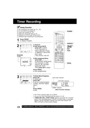 Page 2424For assistance, please call : 1-800-211-PANA(7262) or, contact us via the web at:http://www.panasonic.com/contactinfo
Timer Recording
Press PROG*
to display Program.
Press PROG
to end programming.
3 1
3) Set remaining items,
press SET
to set START/ STOP times,
CH (channel) or LINE
input (p. 35), and tape
speed (SP, SLP).
Then press 
 to select.
To Enter More Programs,
press 
to select and
press SET
to set an unused program
number, and then repeat
step 2.
Or
Press PROG
to exit.
Ready Checklist
All...
