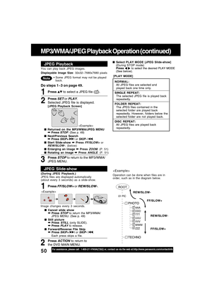 Page 5050For assistance, please call : 1-800-211-PANA(7262) or, contact us via the web at:http://www.panasonic.com/contactinfo
MP3/WMA/JPEG Playback Operation (continued)
JPEG Playback
Press  to select a JPEG file ().1
Returned on the MP3/WMA/JPEG MENU➡ Press STOP. (See p. 49)
Next/Previous Search
➡ Press SKIP+ | or SKIP- |.
Start Slide-show ➡ Press FF/SLOW+ orREW/SLOW-. (below)
Enlarging an image ➡ Press ZOOM. (P. 51)
Rotating an image ➡ Press ANGLE. (P. 51) [JPEG Playback Screen]
Do steps 1~3 on page...