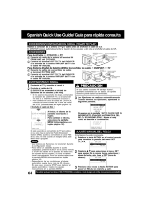Page 6464For assistance, please call : 1-800-211-PANA(7262) or, contact us via the web at:http://www.panasonic.com/contactinfo
Spanish Quick Use Guide/ Guía para rápida consulta
Para ajustar el  idioma, canal y
Para ajustar el  idioma, canal yCONEXIONES/CONFIGURACION INICIAL (READY TO PLAY)
Realice la conexión de la antena o TV por cable antes de enchufar el cable de CA.
El DVD/VCR iniciará automáticamente la fijación de los canales y del reloj al enchufar el cable de CA.
CONEXIONES
Conecte el cable de la...