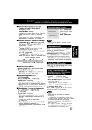 Page 2323ucts@panasonic.com
Basic
Operation
(DVD)
Please read the disc jacket for operation
information.
If a single sided disc is placed in upside down,
“PLEASE CHECK THE DISC, AND FOR STAINS
OR SCRATCHES ON DISC” is displayed.
Remove a disc and press DECK POWER off
when not in use.
Disc continues to rotate with menu displayed
even after play is done. Press STOP to clear
menu display when finished with menu.
Forward/Reverse Scene Search
Press FF/SLOW+ or REW/SLOW-during Play mode.
Press 
PLAY to release....