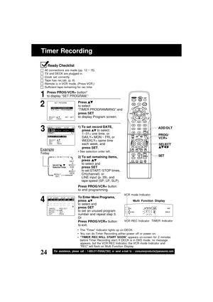 Page 2424For assistance, please call : 1-800-211-PANA(7262) or send e-mail to : consumerproducts@panasonic.com
Timer Recording
ADD/DLT
Press PROG/VCR+ button*
to display “SET PROGRAM.”
Press PROG/VCR+ button
to end programming.
43 1
DAILY
131
31
12
SELECT     /      
Selection Order
WEEKLY
(SAT)WEEKLY
(MON) WEEKLY
(SUN)
14
Example
Today
2) To set remaining items,
press 
to select and
press SET
to set START/ STOP times,
CH(channel) or
LINE input (p. 39), and
tape speed (SP, LP, SLP).
Press PROG/VCR+ button
to...