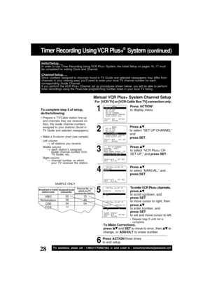 Page 2828For assistance, please call : 1-800-211-PANA(7262) or send e-mail to : consumerproducts@panasonic.com
GUIDE CH          RECEIVE  CH01                             --02                             --
VCR  Plus+  CH  SET  UP
CLEAR   :ADD/DLT
SELECT :                  SET:SET
EXIT       : ACTION
To enter VCR Plus+ channels,
Manual VCR Plus+ System Channel Setup
5
2
3 1
Initial Setup.....In order to use Timer Recording Using VCR Plus+ System, the Initial Setup on pages 16, 17 must
be completed for setting...