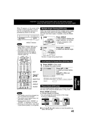 Page 4141ucts@panasonic.com
When  appears on the screen while
a button is being operated, it means
that the corresponding operation is
prohibited by DECK or the disc.
The ANGLE Indicator lights up on
DECK when a scene recorded
at different angles is detected.
The angle number can be set
beforehand so that the angle is
switched whenever the ANGLE
Indicator lights up.ANGLE Indicator
 DVD Karaoke (1 vocal)   VOCAL ON     VOCAL OFF
 DVD Karaoke (2 vocals) VOCAL V1 +
 V2    VOCAL V1    VOCAL V2    VOCAL OFF 
...